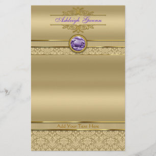 Faux Amethyst Gemstone Shiny Metallic Gold Damask Stationery