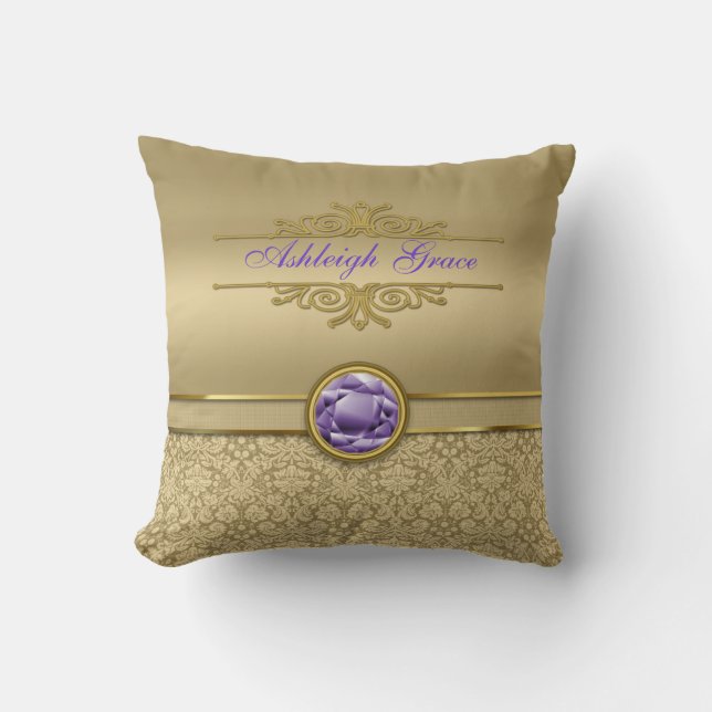 Faux Amethyst Gemstone Shiny Metallic Gold Damask Throw Pillow (Front)
