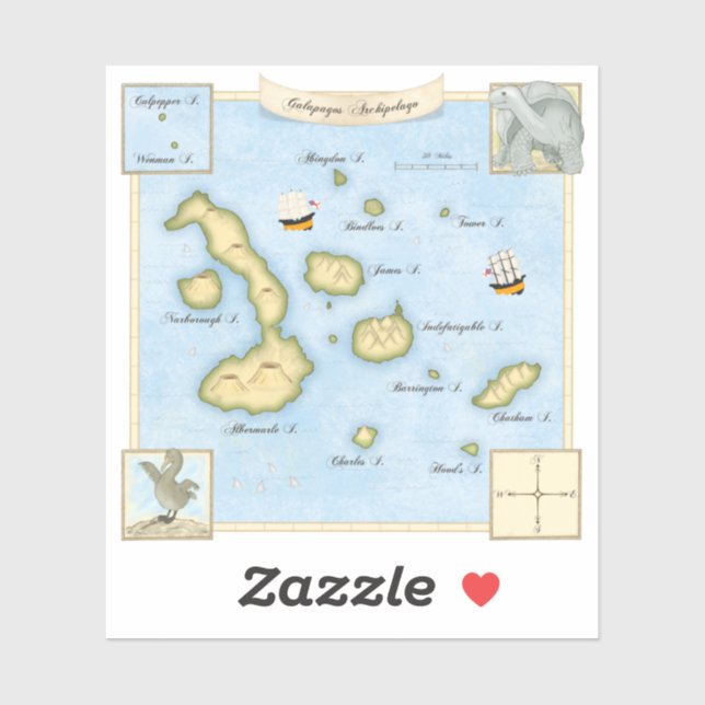 Faux Antique Galapagos Archipelago Map With Ships (Sheet)