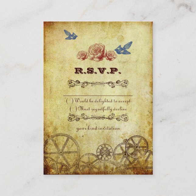 Faux Antique Gold Victorian Steampunk Wedding Enclosure Card (Front)
