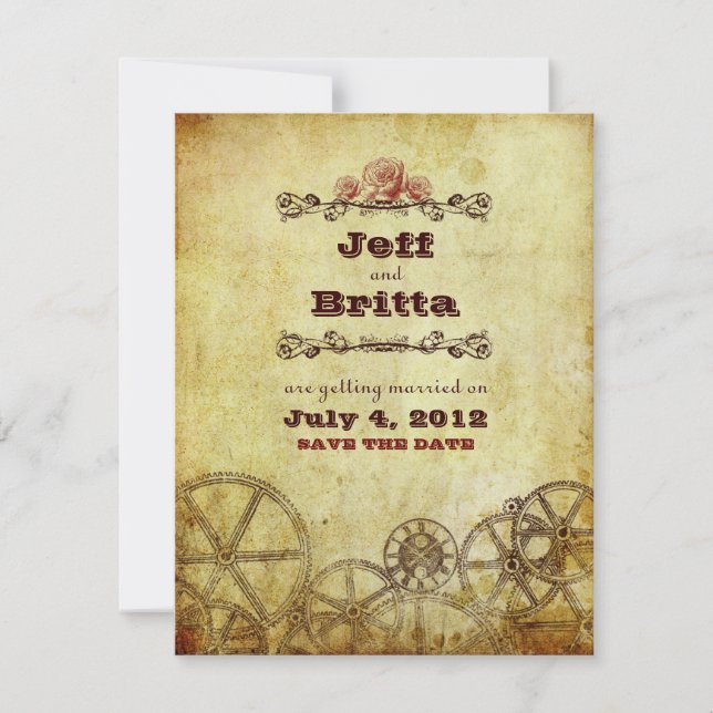 Faux Antique Gold Victorian Steampunk Wedding Save The Date (Front)