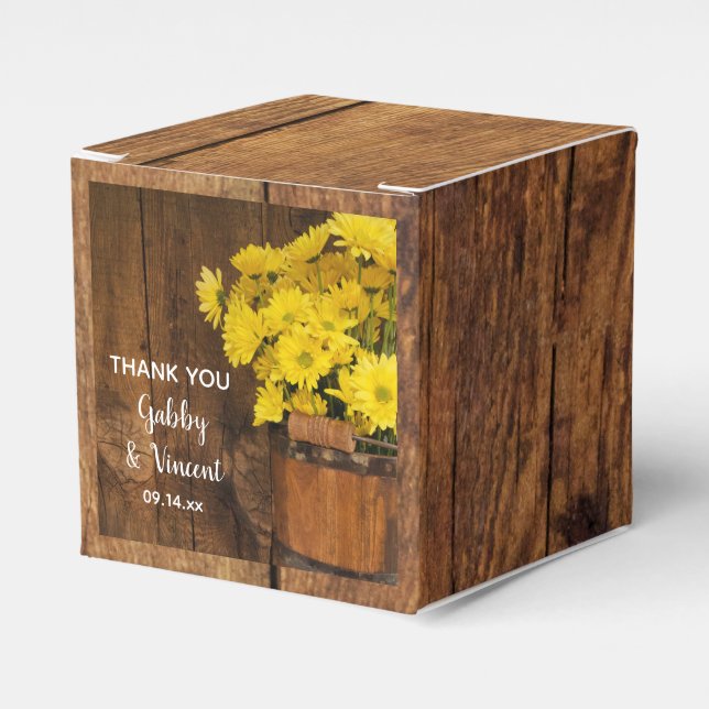 Faux Barn Wood Bucket and Yellow Daisies Wedding Favor Box (Front Side)