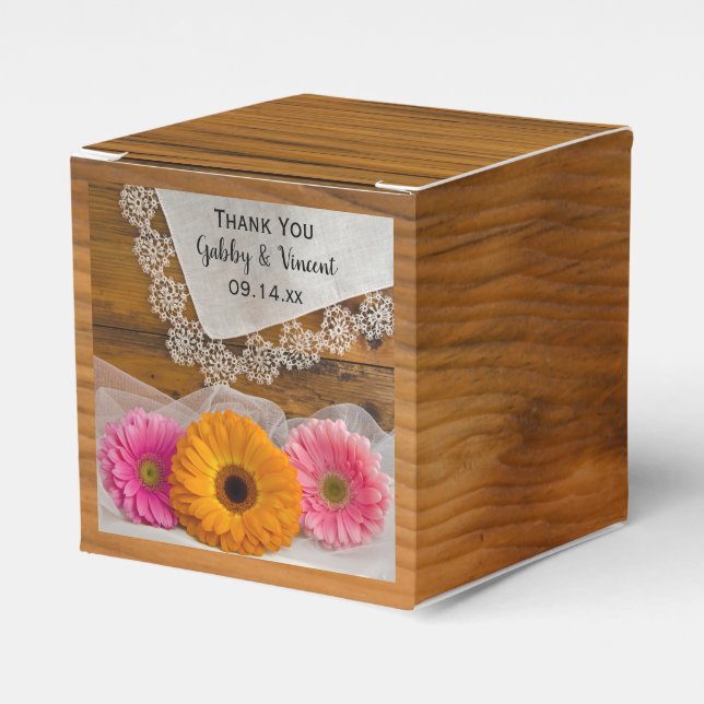 Faux Barn Wood Daisy Trio Lace Wedding Favor Box (Front Side)