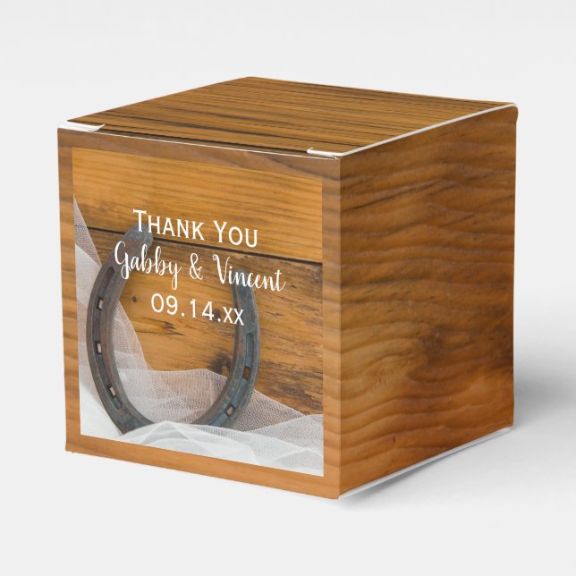 Faux Barn Wood Horseshoe and Veil Wedding Favor Box (Front Side)