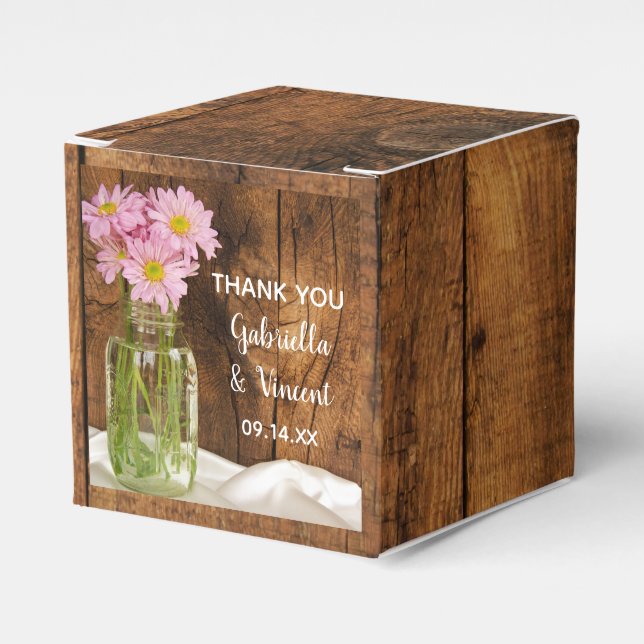 Faux Barn Wood Mason Jar and Pink Daisies Wedding Favor Box (Front Side)