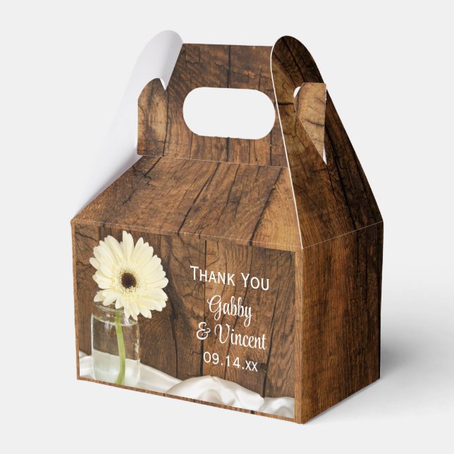 Faux Barn Wood Mason Jar White Daisy Barn Wedding Favor Box (Front Side)