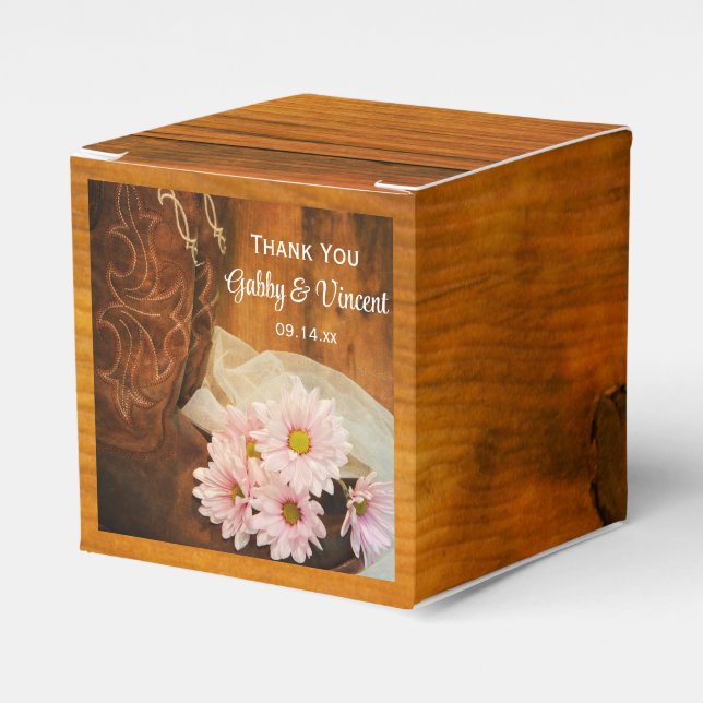Faux Barn Wood Pink Daisies Cowboy Boots Wedding Favor Box (Front Side)