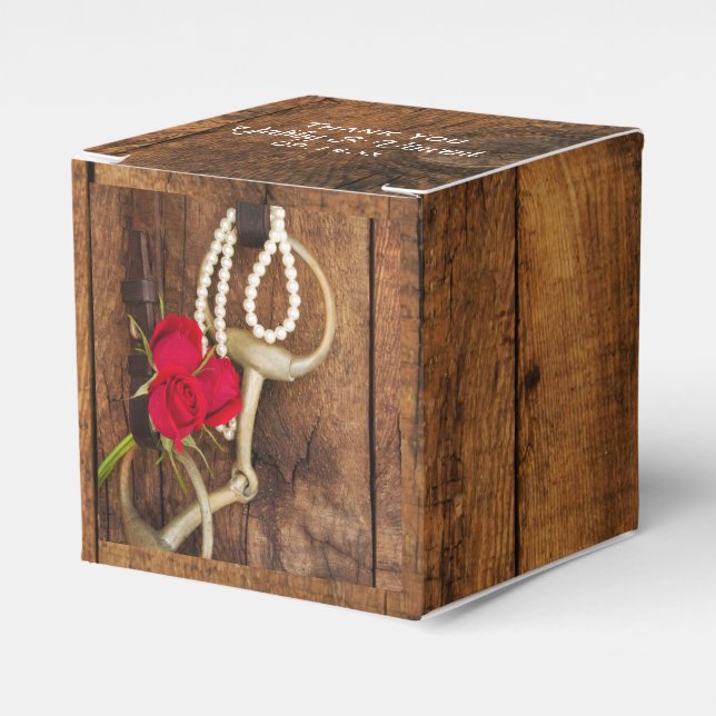 Faux Barn Wood Red Roses Horse Bit Western Wedding Favor Box (Front Side)