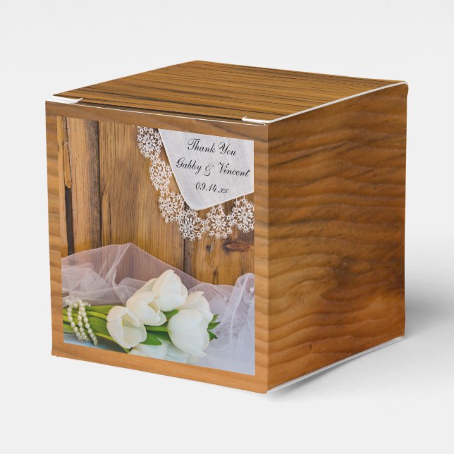 Faux Barn Wood Rustic White Tulips Barn Wedding Favor Box (Front Side)