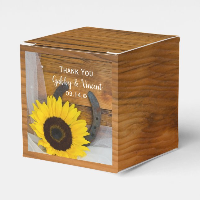 Faux Barn Wood Sunflower Horseshoe Western Wedding Favor Box (Front Side)