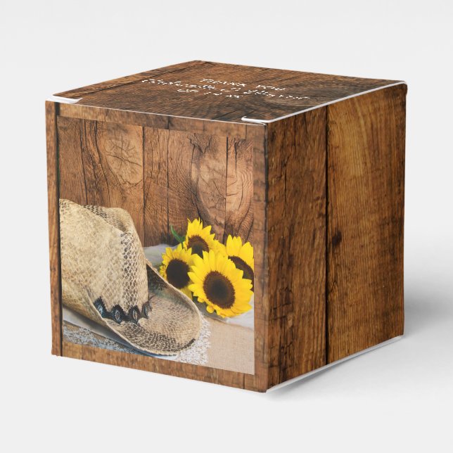 Faux Barn Wood, Sunflowers, Cowboy Hat Wedding Favor Box (Front Side)