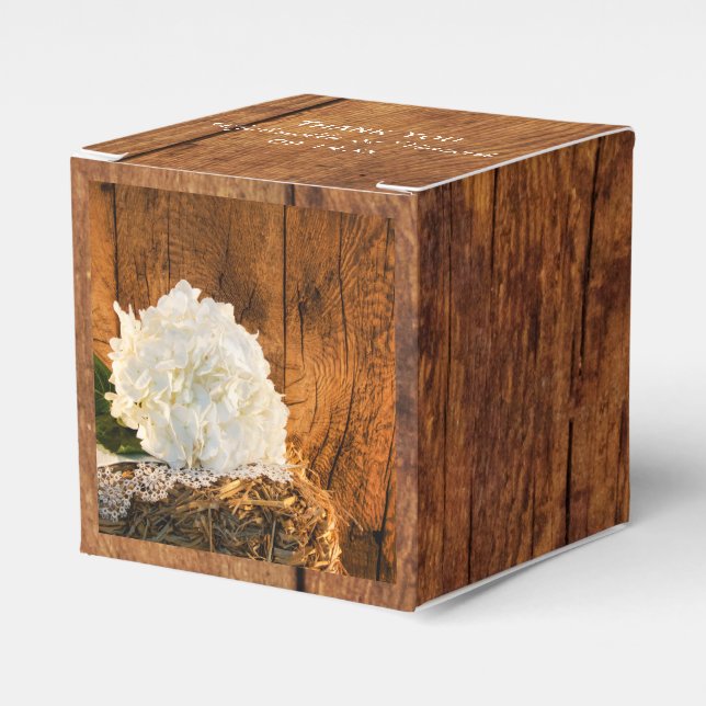 Faux Barn Wood, White Hydrangea Barn Wood Wedding Favor Box (Front Side)