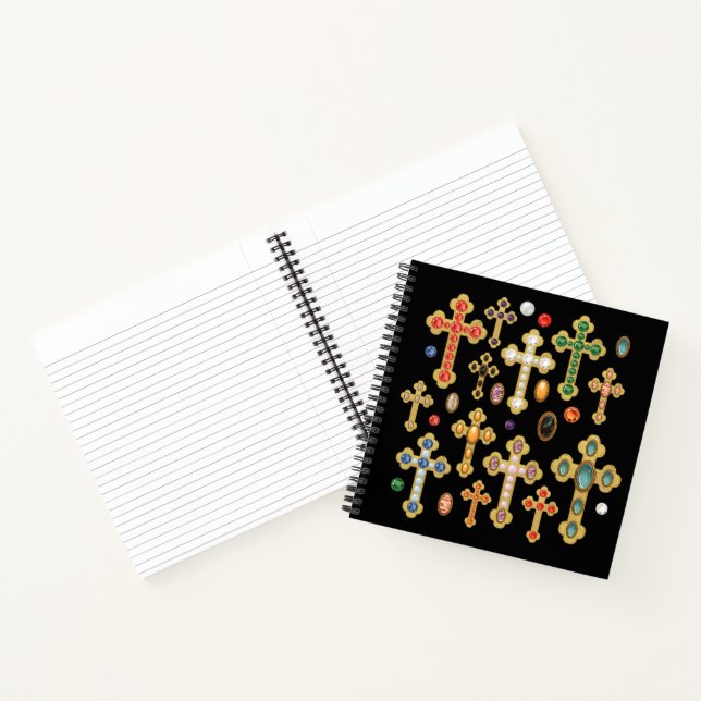 Faux Birthstone Crosses and Loose Gems on Black Notebook (Inside)
