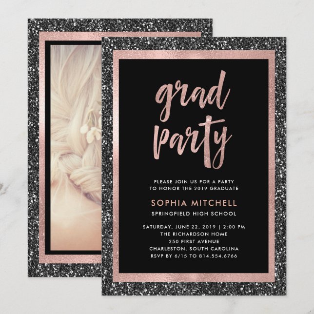 Faux Black and Rose Gold Glitter Grad Party Photo Invitation (Front/Back)