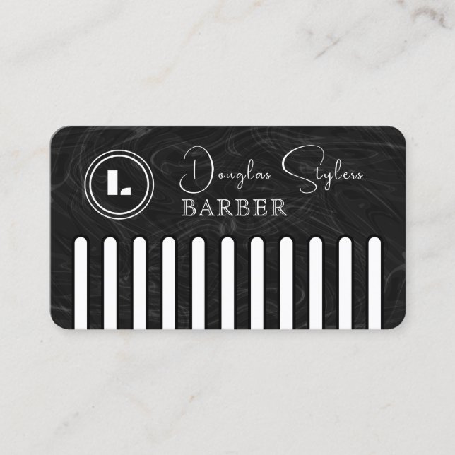 Faux black comb with logo barber business card (Front)