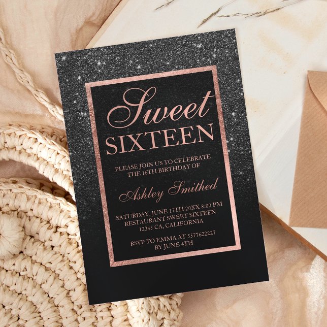 Faux black glitter elegant rose gold chic Sweet 16 Invitation (Creator Uploaded)