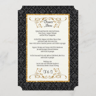Faux Black Gold Glitter Damask Ticket Style Menu