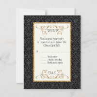Faux Black Gold Glitter Damask Ticket Style RSVP