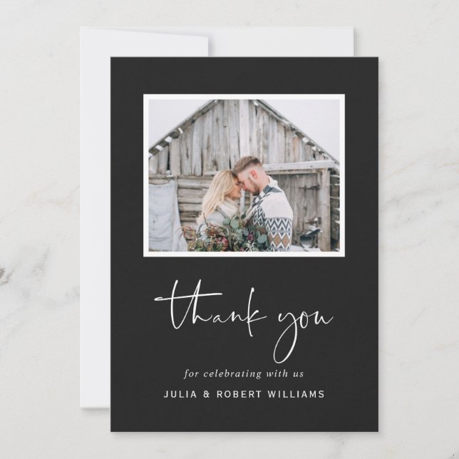 Faux Black Kraft Rustic Wedding 2 Photo  Thank You Card (Front)