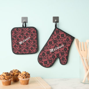 Faux Black Lace Fishnet Custom Name and Colour Oven Mitt & Pot Holder Set