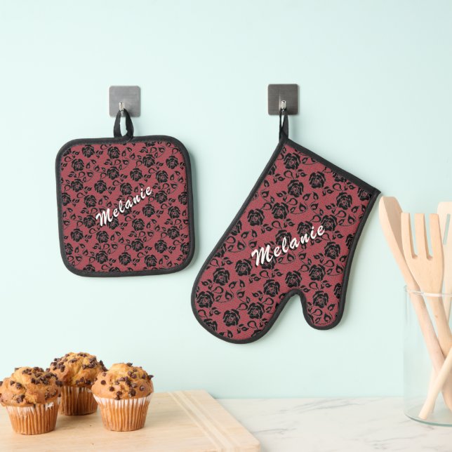 Faux Black Lace Fishnet Custom Name and Colour Oven Mitt & Pot Holder Set (Insitu(Hanging))