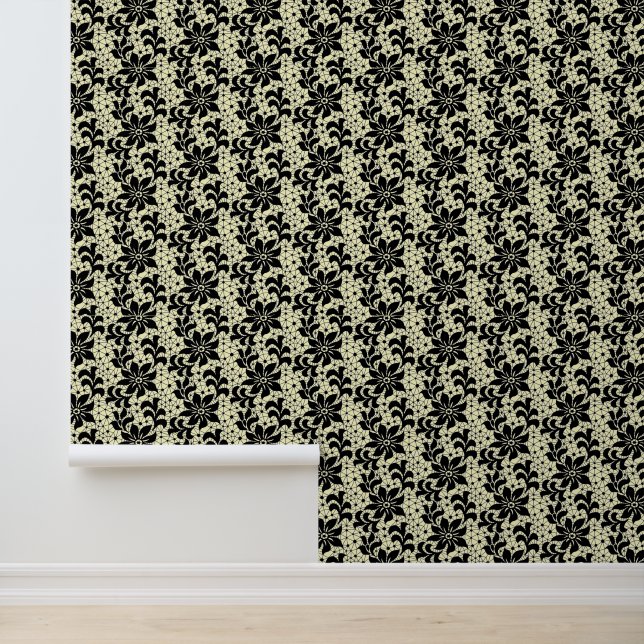 Faux Black Lace Fishnet Flowers Custom Colour Wallpaper (Application)