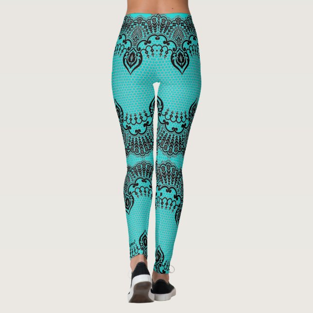 Faux Black Lace Fishnet Leggings Turquoise (Back)