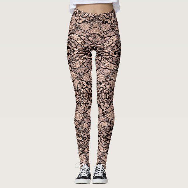 Faux Black Lace Fishnet Leggings with Flowers (Front)