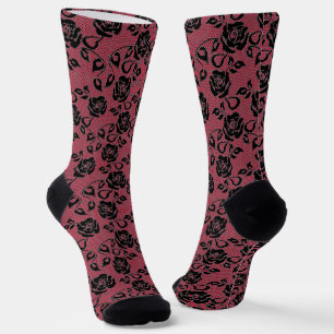 Faux Black Lace Fishnet Red Socks - Choose Colour
