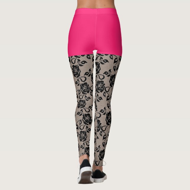 Faux Black Lace Poisson Drôle Drôle Leggings Rose  (Dos)