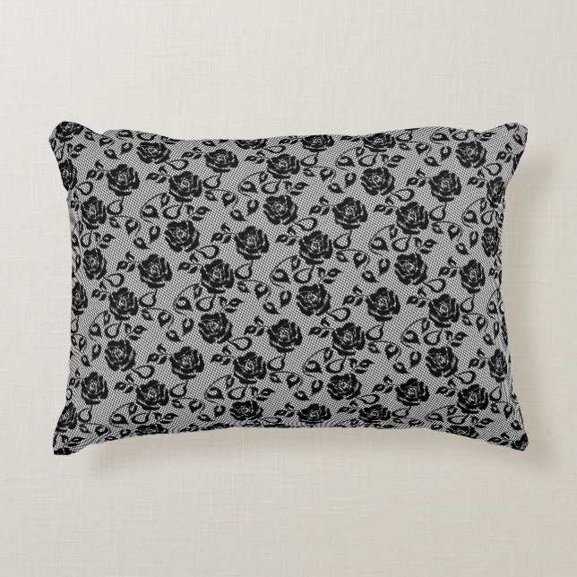Faux Black Lace Rose Fishnet Accent Pillow (Front)