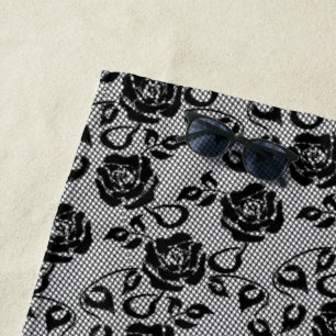 Faux Black Lace Rose Fishnet Beach Towel