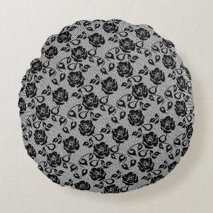 Faux Black Lace Rose Fishnet Coussin rond