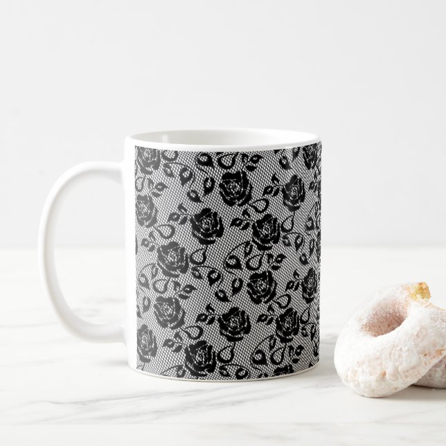 Faux Black Lace Rose Fishnet Mug Gift (With Donut)