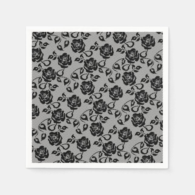 Faux Black Lace Rose Fishnet Napkins (Front)
