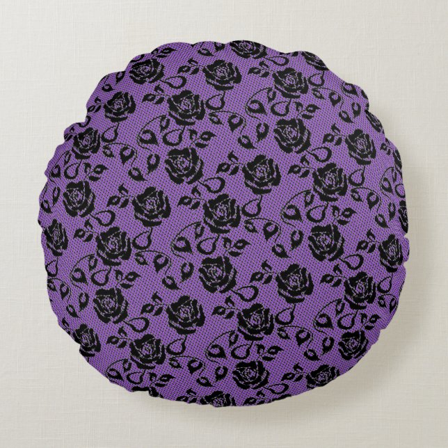Faux Black Lace Rose Fishnet Purple Round Pillow (Front)