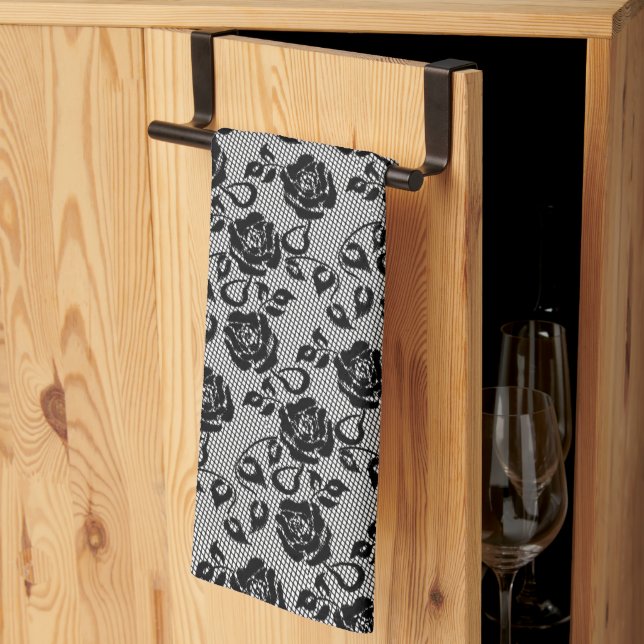 Faux Black Lace Rose Fishnet Serviette de cuisine (Pliage en tiers)
