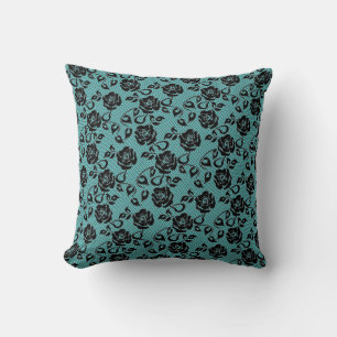 Faux Black Lace Rose Fishnet Teal Throw Pillow