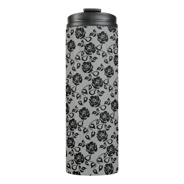 Faux Black Lace Rose Fishnet Thermal Tumbler (Front)