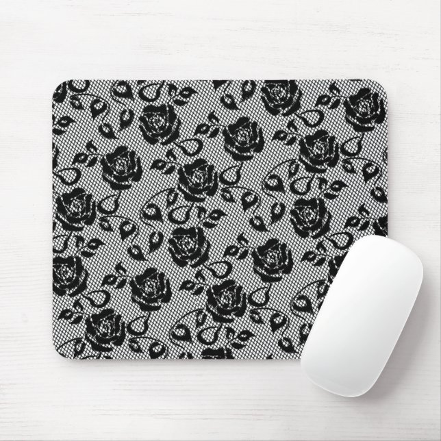 Faux Black Lace Roses Fishnets - Romantic Modern Mouse Pad (With Mouse)