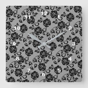 Faux Black Lace Roses Fishnets - Romantic Modern Square Wall Clock