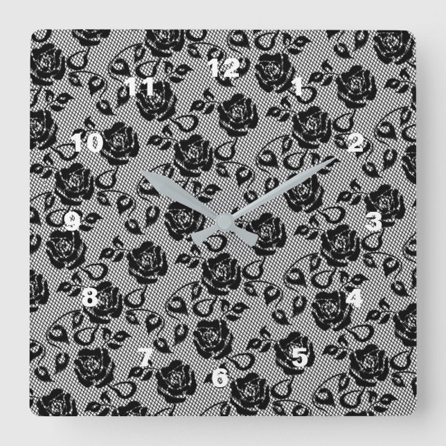 Faux Black Lace Roses Fishnets - Romantic Modern  Square Wall Clock (Front)