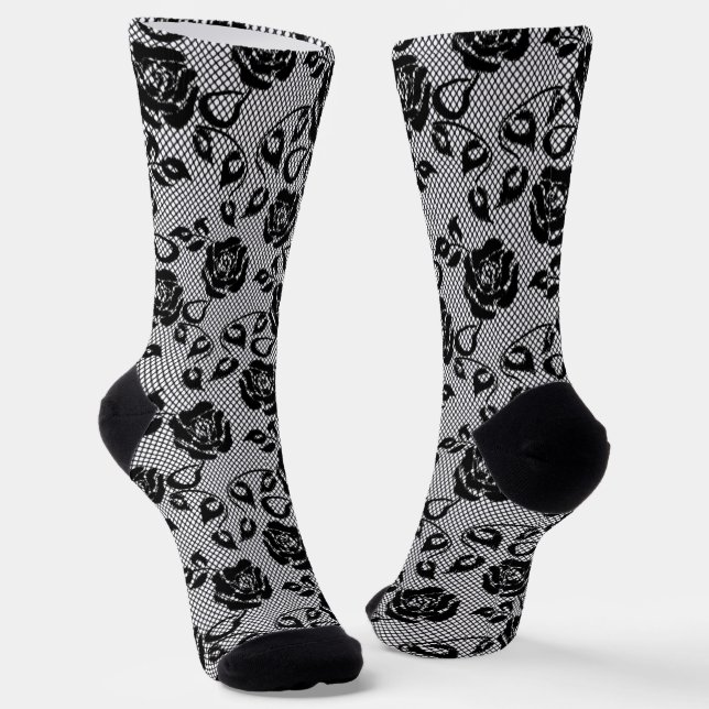Faux Black Lace Socks Fishnet Roses (Angled)