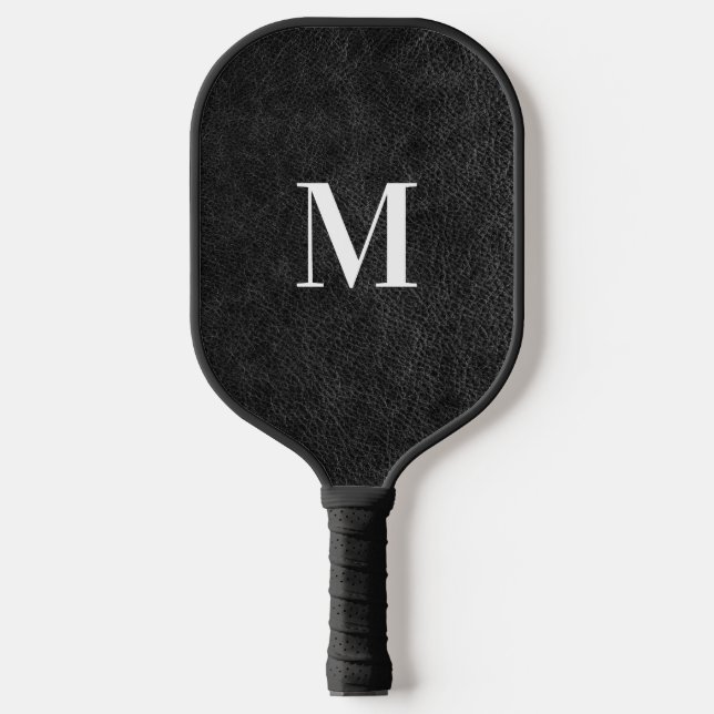 Faux Black Leather Modern Monogram Pickleball Paddle (Front)
