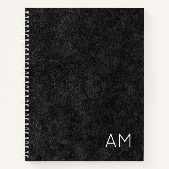 Faux Black Leather Modern Two Letter Monogram Notebook (Front)