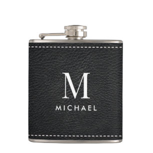 Faux Black Leather Monogram Initial & Name Hip Flask