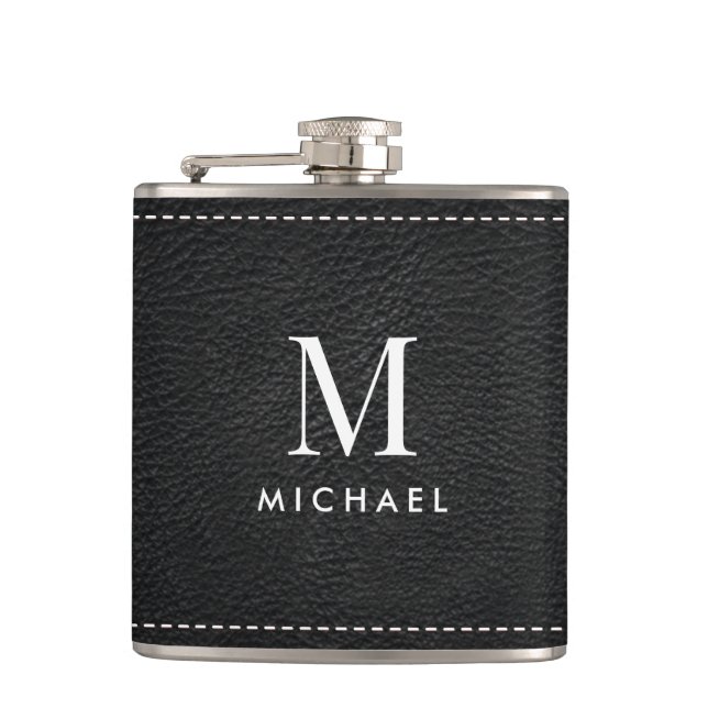 Faux Black Leather Monogram Initial & Name Hip Flask (Front)