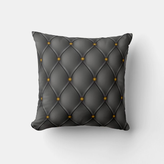 Faux Black Leather Upholstery Brass Nails Look Throw Pillow (Front)