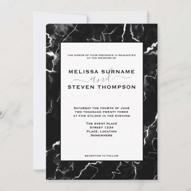 Faux Black Marble Texture Look Wedding Invitation (Front)