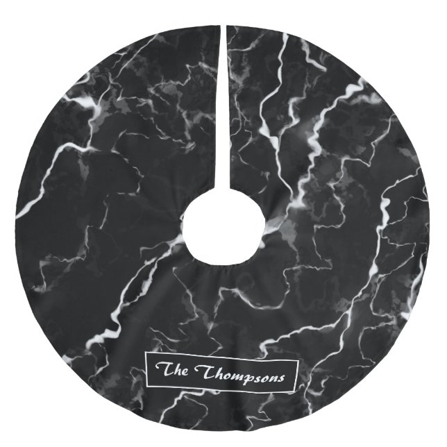 Faux Black Marble Texture Look With Custom Name Brushed Polyester Tree Skirt (Front)